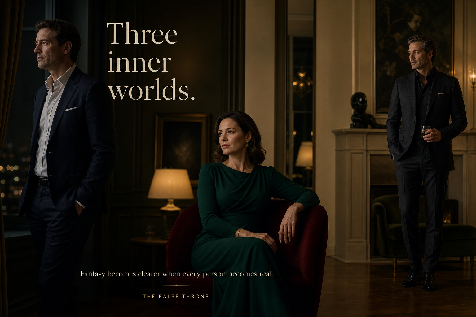 A thoughtful husband, wife, and outside partner shown separately in an elegant evening interior